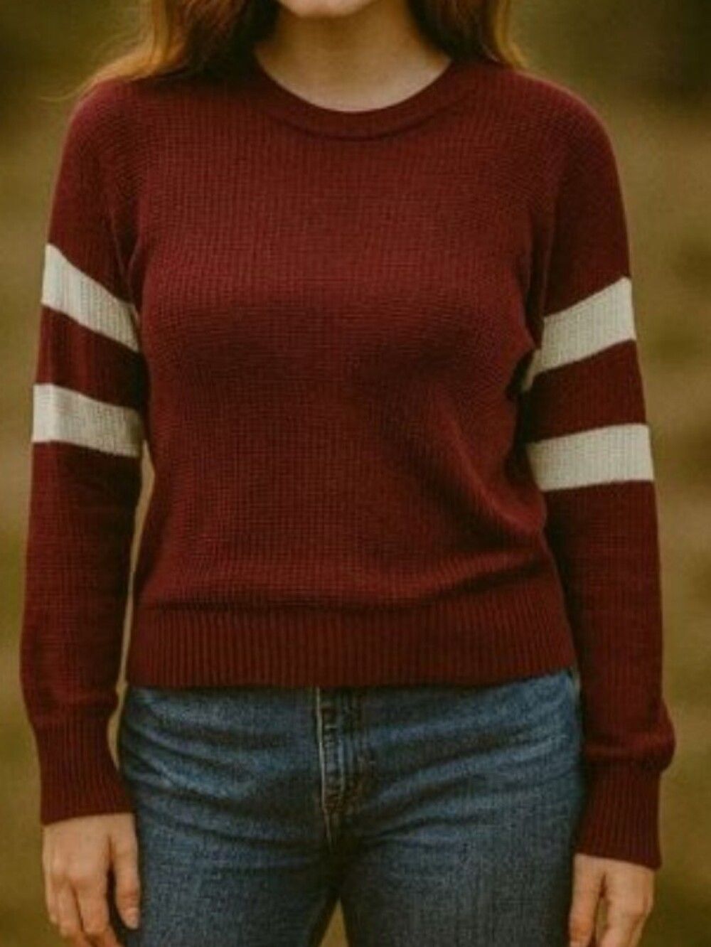 Burgundy Rugby Striped Open Knit Sweater L Romanized Sports Round Neck